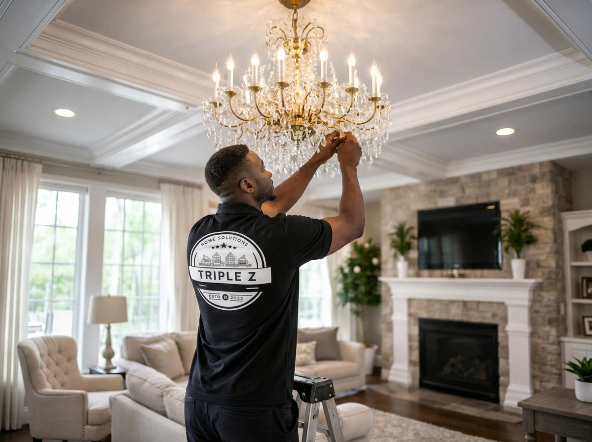 Technician installing a chandelier in a living room