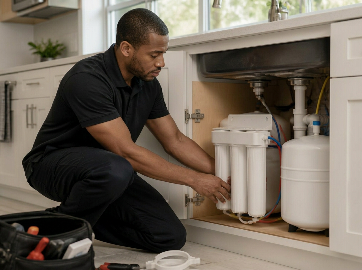 Reverse osmosis drinking water system installed under a sink