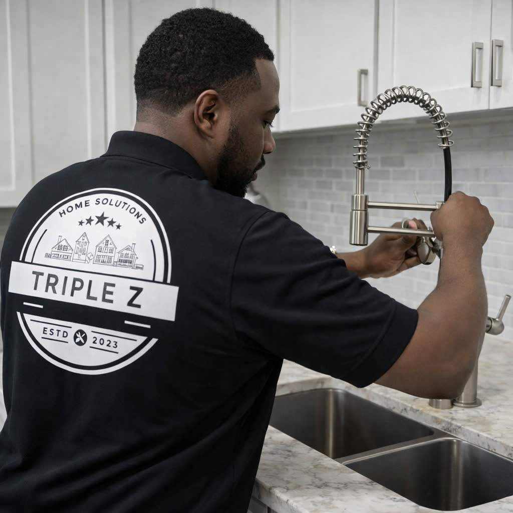 Installer working on a modern kitchen faucet